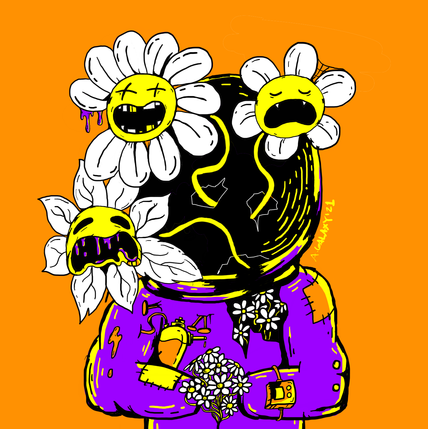 Image Description: An astronaut, in a purple space suit stands in front of an orange background. The helmet of the suit has an opaque Black screen. Breaking through the screen, cracking it, are three large daisies; one smiling wide with two gold teeth, another sighing with its eyes closed, and a third with Blacked out eyes, drooling and snarling. The astronaut, though has no visible hands, is holding a bouquet of small daisies. There also daisies growing out of a rip in the suit. Underneath their arm, is a bottle with orange fluid in it, with a nozzle for a watering can, and a cord being fed into another small hole in the suit. There is a small computer device being worn like a bracelet. The suit has one orange patch sewn in.

            The colour palette is orange, purple, yellow, white and black. The outline is a solid Black. 